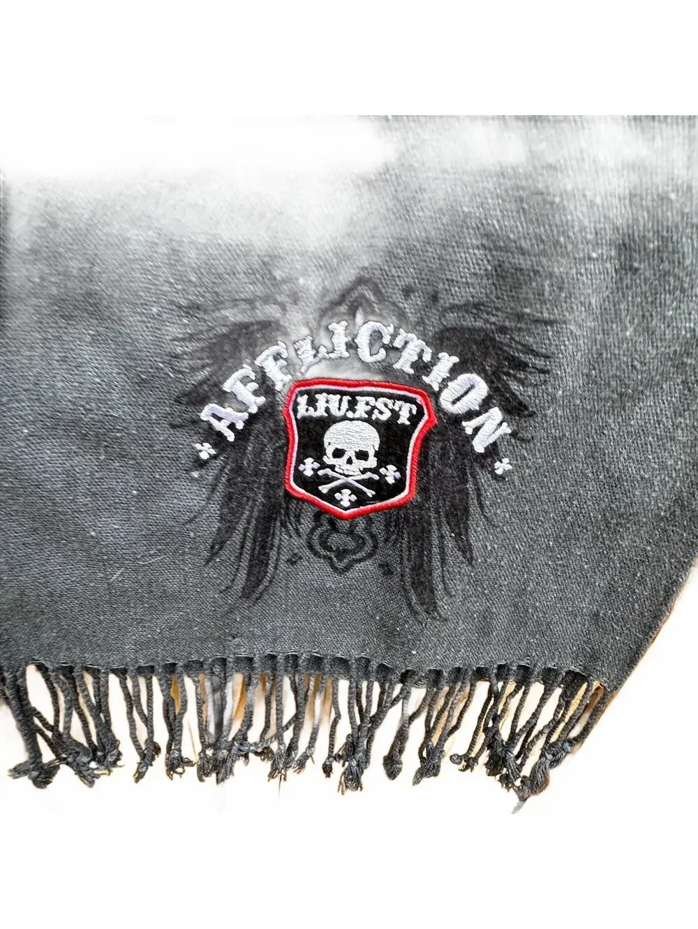 Affliction Clothing Black Fringed Scarf Skull Wing Graphic Embroidered